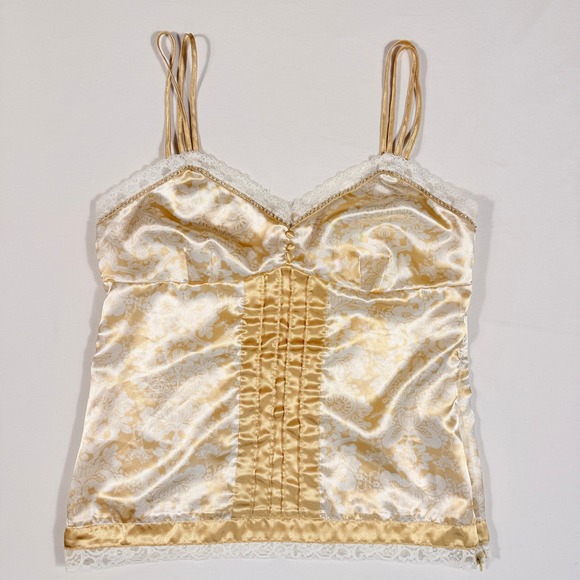 Kenzie Intimates Tops - Y2K Kenzie Intimates Gold Lace Rhinestone Camisole Large Satin Lingerie Sleep